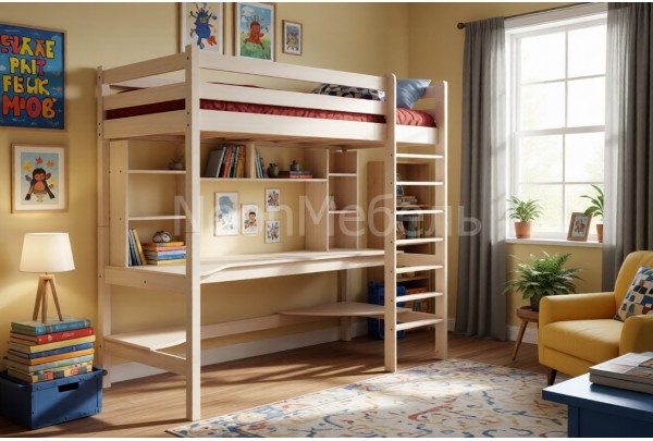 Кровать-чердак Классик №3 верхнеярусная + рабочая зона 90х190/200 • Двухьярусные кровати